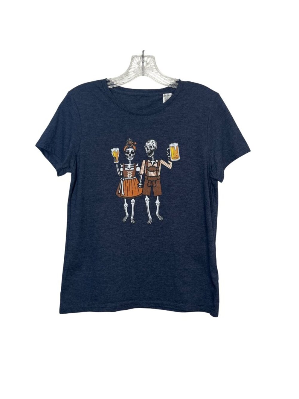 Skeleton Oktoberfest Graphic Tee Tshirt Womens Small Blue Halloween Fall